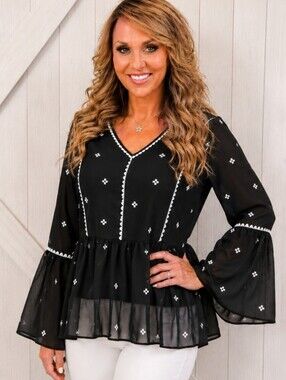 Black Embroidered Peplum V-Neck Women's Top